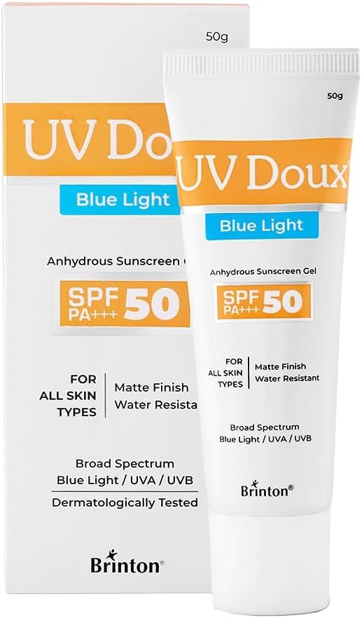 Brinton UV Doux Blue Light Sunscreen Protection Gel SPF 50 PA+++ UVA/UVB for Men & Women | Matte Finish & Water Resistant | For All Skin Types, 50g
