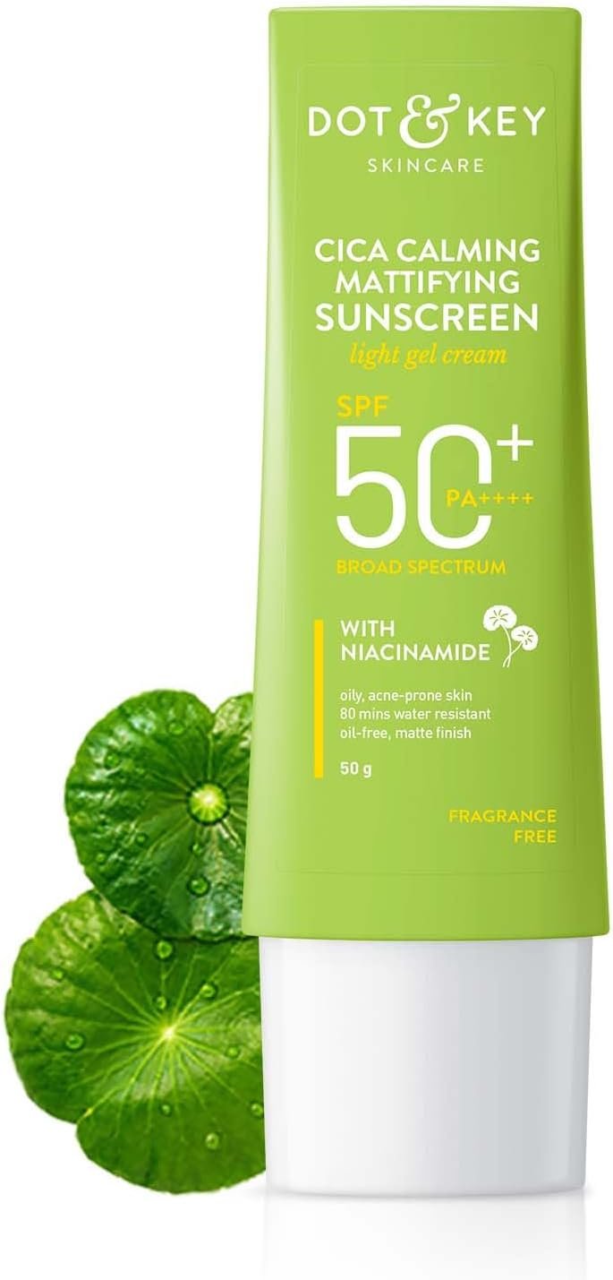 Dot & Key CICA Calming Mattifying Sunscreen SPF 50 PA++++ | For Oily Acne Prone & Sensitive Skin | UVA/UVB Protection | No White Cast, Ultra Light, Fragrance Free & Quick Absorbing | 50g