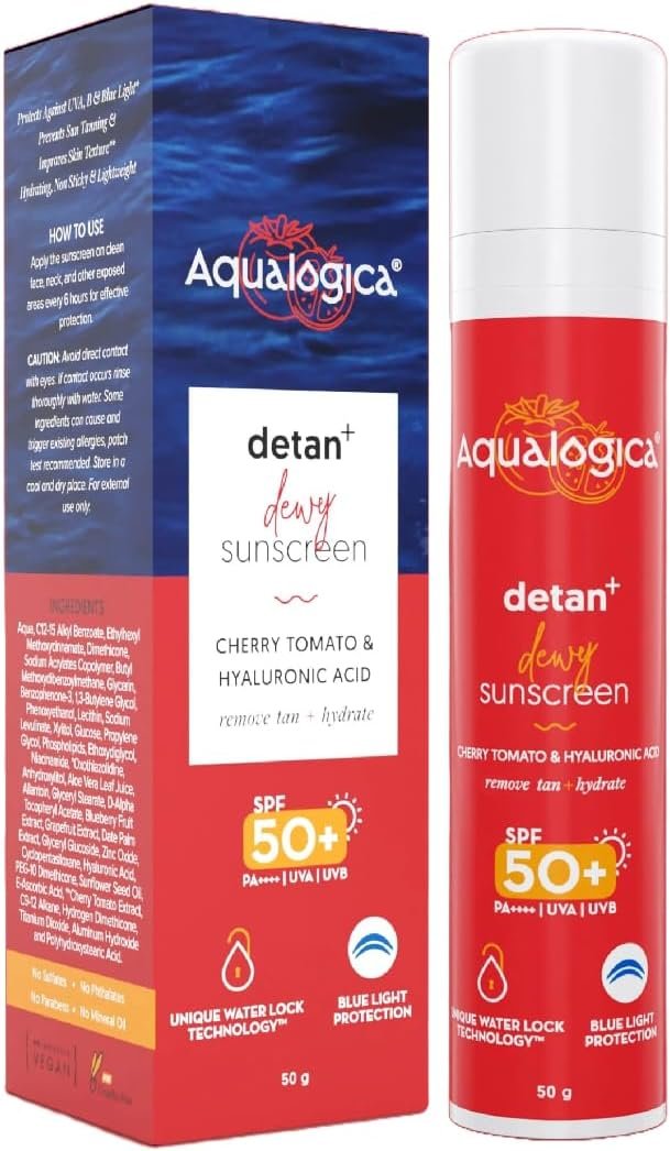 Aqualogica Detan+ Dewy Lightweight Sunscreen with SPF 50+ & PA++++ for UVA/B & Blue Light Protection | Normal, Sensitive & Dry Skin | Tan Removal & No White Cast for Men & Women – 50g