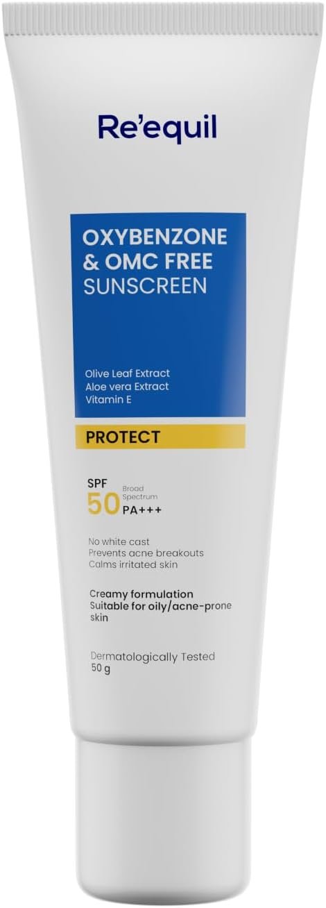 RE’ EQUIL Oxybenzone and OMC Free Sunscreen For Oily, Sensitive & Acne Prone Skin, SPF 50 PA+++ – 50g