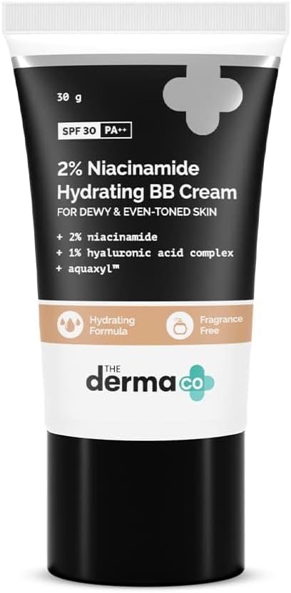 The Derma Co 2% Niacinamide Hydrating BB Cream with SPF 30 PA++ Enriched with 1% Hyaluronic Acid Complex & Aquaxyl™ – 30 g | 02 – Nude Glow
