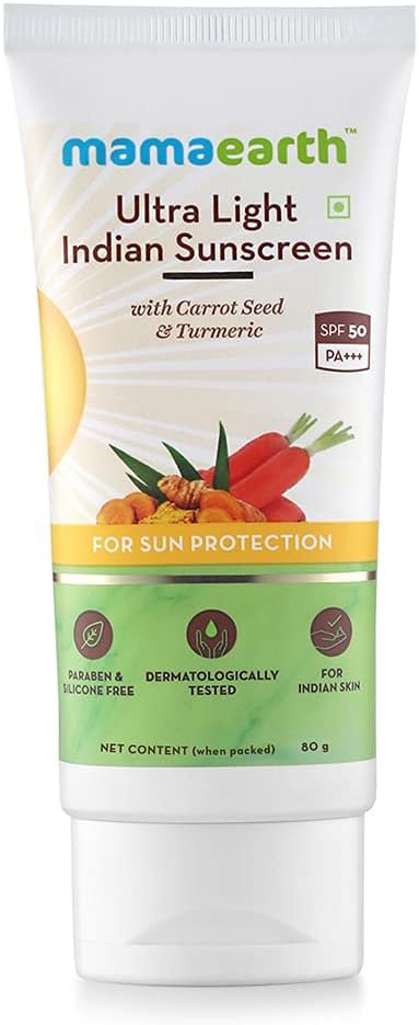Mamaearth Ultra Light Indian Sunscreen SPF50 PA+++ with Turmeric and Carrot Seed Oil For Dry | Normal | Oily | Sensitive Skin Broad Spectrum Moisturizing UVA/UVB (25 ML)