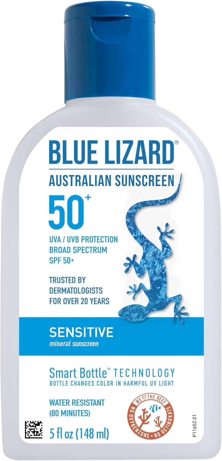 BLUE LIZARD Sensitive Mineral Sunscreen with Zinc Oxide, SPF 50+, Water Resistant, UVA/UVB Protection with Smart Bottle Technology – Fragrance Free, 5 oz