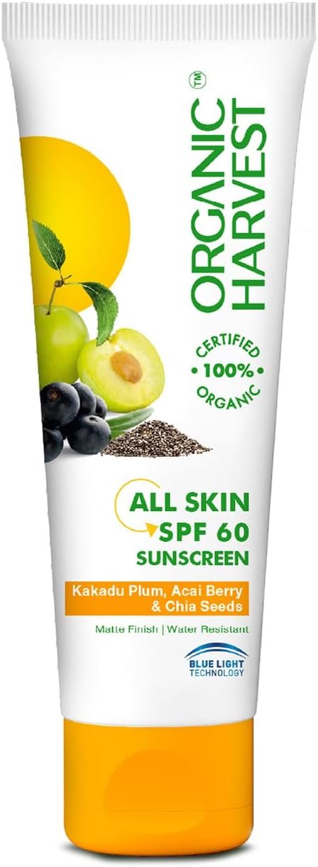 Organic Harvest Sunscreen SPF 60 with Blue Light Technology, Protects From Harmful UVA & UVB Rays, PA+++, Hydrates & Nourished Skin, For All Skin Type, 100% Organic, Sulphate & Paraben Free – 50gm