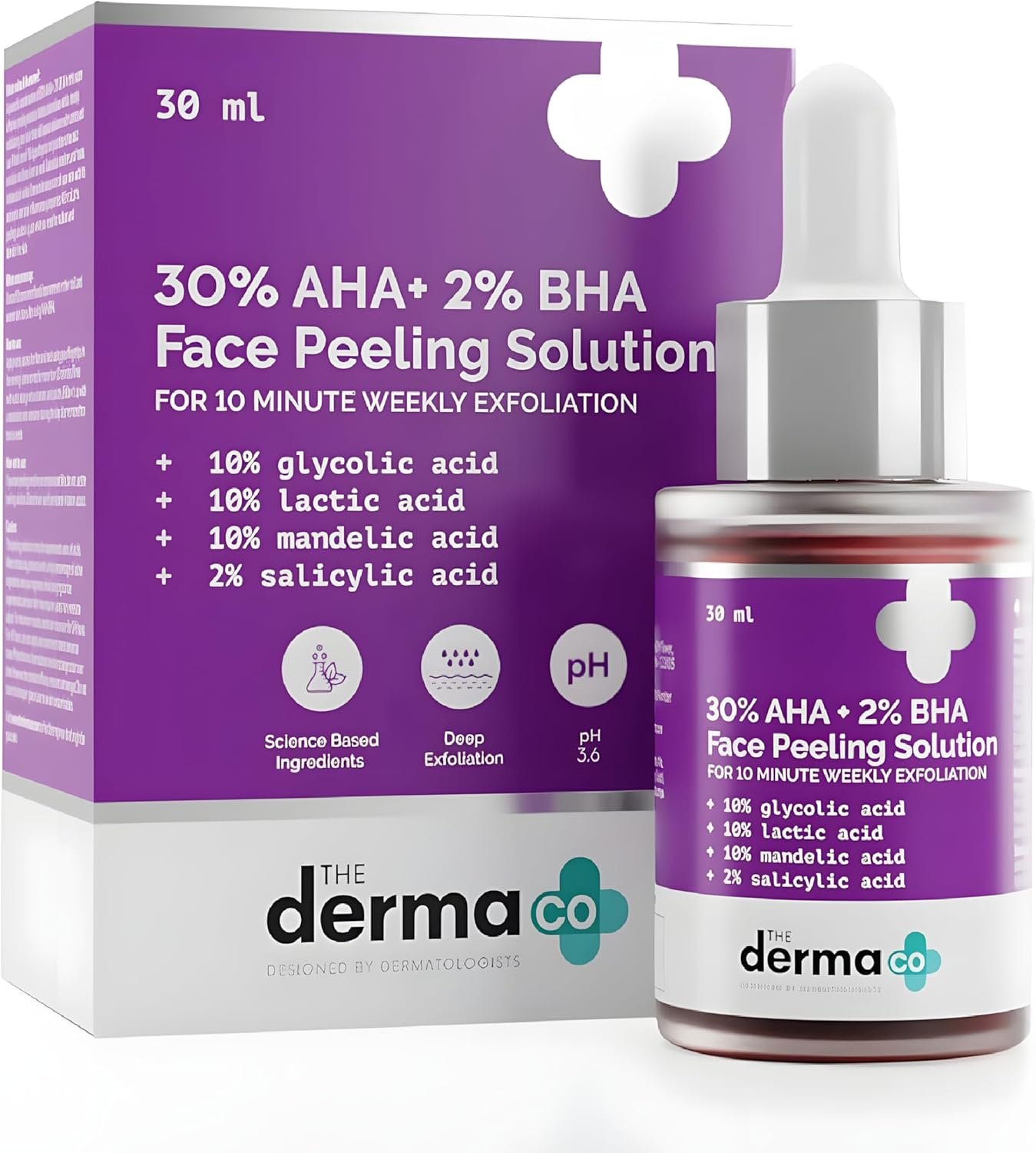 The Derma Co 30% AHA + 2% BHA Face Peeling Solution for Skin Exfoliation, Texture Refining & Acne Marks | With Glycolic, Lactic & Salicylic Acid | Weekly Use | For All Skin Types – 30ml