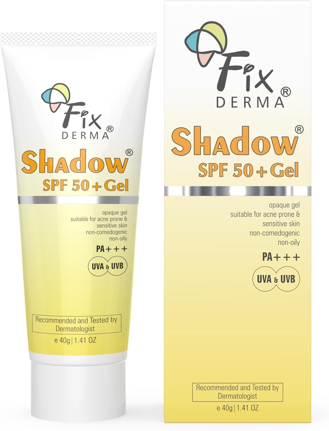 FIXDERMA Shadow Sunscreen Spf 50+ Gel For Oily Skin, Body & Face, Broad Spectrum For Uva & Uvb Protection For Unisex, Non Greasy & Water Resistant, 40g