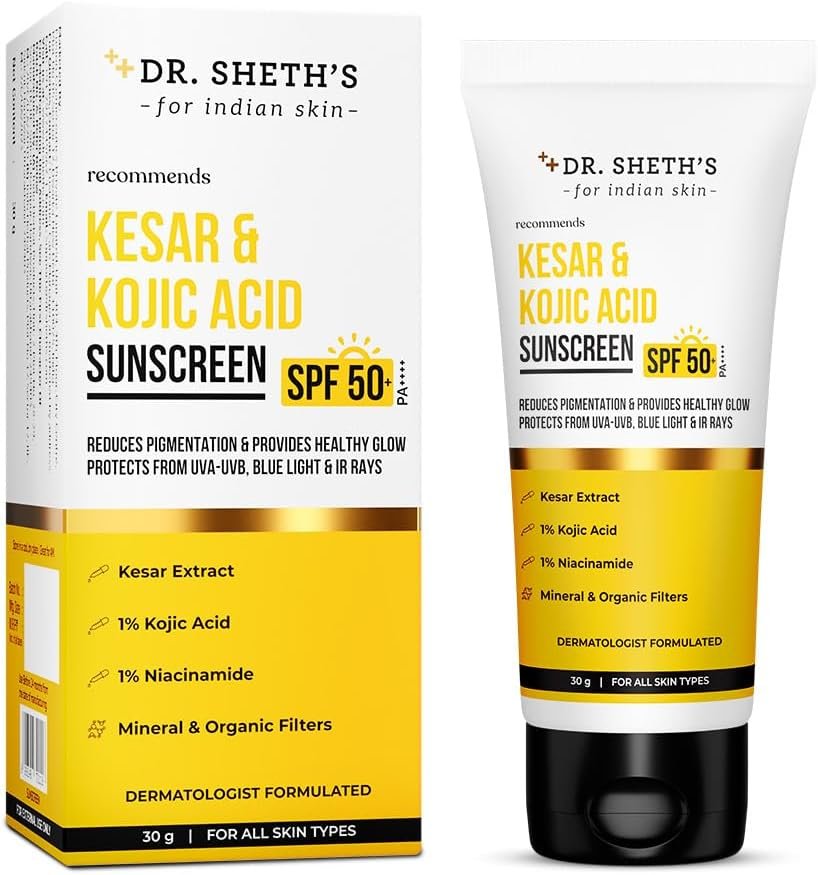 Dr. Sheth’s Kesar & Kojic Acid Sunscreen SPF 50+ Pa++++ |In-Vivo Tested | For Pigmentation-Free Skin | Lightweight & Non Greasy | For UVA/UVB & Blue Light & IR Protection | No White Cast | For All